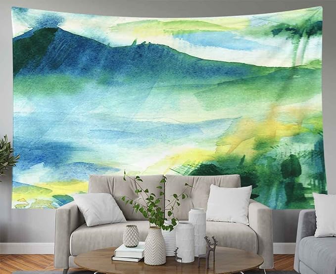 EMMTEEY Landscape Watercolor Painting - Colorful Mountain Landscape Tapestry 80x60 - Perfect for Outdoor Nature Scenes, Rain Forest Green - Great Gift for Friends & Families