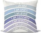 QIYUHOY Boho Rainbow Classroom Throw Pillow Covers, Book Center Calming Corner Playroom Decor Pillow Case, Blue Pillow Cover, I Am Kind Smart Brave Confidence 20x20 Inch Pillowcase(Blue)