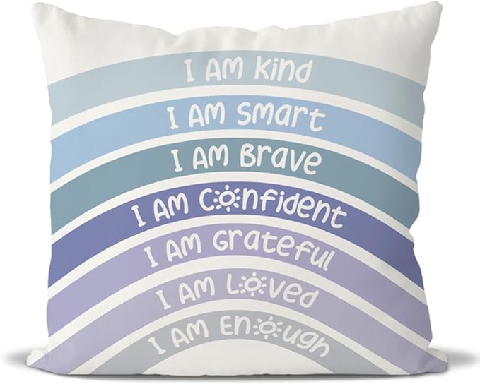 QIYUHOY Boho Rainbow Classroom Throw Pillow Covers, Book Center Calming Corner Playroom Decor Pillow Case, Blue Pillow Cover, I Am Kind Smart Brave Confidence 20x20 Inch Pillowcase(Blue)