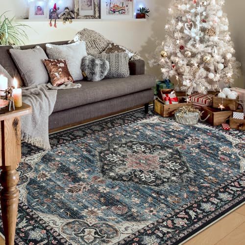 Amearea Vintage Design Navy Blue Area Rugs for Living Room, 4x6 Machine Washable Floral Collection Traditional Bedroom Rug, Low Pile Dinning Room Carpet, No Slip Office Kitchen Home Decor, Navy Blue - color: Dark Blue, size: 4' X 6' (Rectangular)