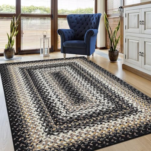 ROYHOME Braided Print Boho Rug 5x7 Living Room Area Rugs Modern Geometric WashableThrow Carpet Farmhouse Large Accent Carpet for Bedroom Kitchen Nursery Office, Black - size: 5' x 7' (Rectangular)