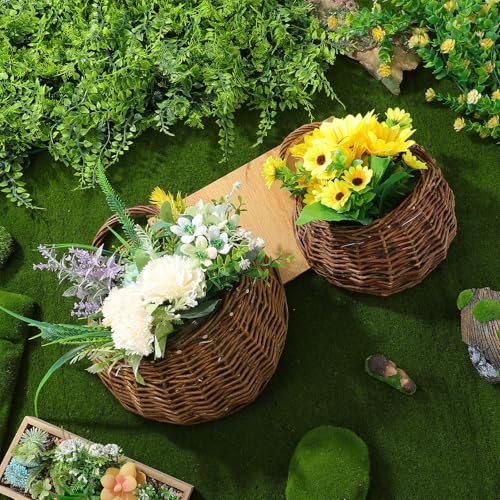 LIOOBO 2pcs Woven Rattan Wall Hanging Flower Pots Set Small Medium Plant Containers for Indoor Outdoor Garden Rustic Hanging Planter Baskets for Succulents