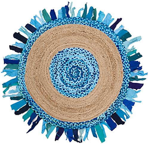 SAFAVIEH Cape Cod Collection 3' Round Turquoise / Natural CAP701K Handmade Boho Fringe Jute & Cotton Area Rug - color: Turquoise/Natural, size: 3' (Round)