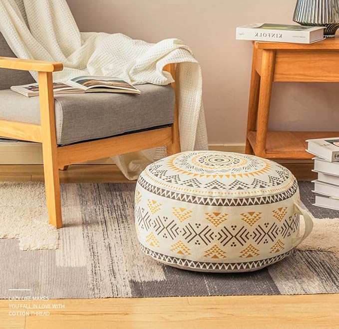 MOCOFO Unstuffed Round Pouf Cover, Boho Geometric Ottoman Footstool Cover with Handle, Decorative Floor Pillow & Storage Bean Bag for Living Room, Nursery, Patio (Yellow,18x18x8)