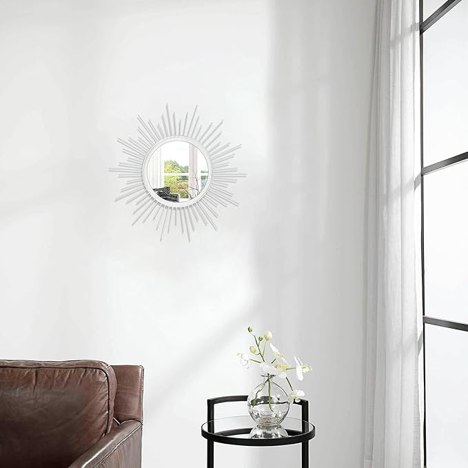 Wall Decor Spoked Sunburst Accent Wall Mirror Round Home Modern Metal Art Mirror for Bathroom Living Room Hallway Bedroom Balcony Farmhouse Entrance White 12"