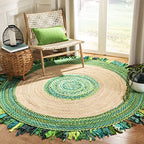 SAFAVIEH Cape Cod Collection Area Rug - 3' Round, Green & Natural, Handmade Boho Fringe Jute & Cotton, Ideal for High Traffic Areas in Living Room, Bedroom (CAP701Y) - color: Green/Natural, size: 3' (Round)