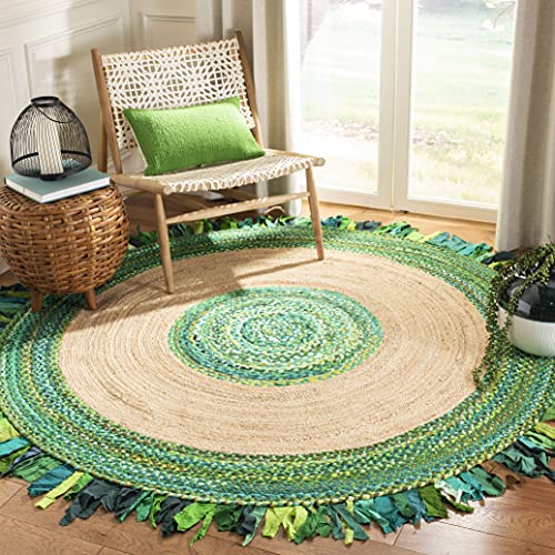 SAFAVIEH Cape Cod Collection Area Rug - 3' Round, Green & Natural, Handmade Boho Fringe Jute & Cotton, Ideal for High Traffic Areas in Living Room, Bedroom (CAP701Y) - color: Green/Natural, size: 3' (Round)