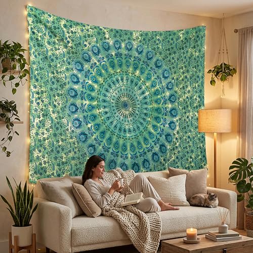 FURNISHFUL FINESSE Handmade Cotton Peacock Mandala Tapestry - Vivid Green Ombre Boho Wall Decor, Bohemian Hippie Room Hanging for Bedroom & Living Room - 54x84 Inches, (Green) - color: Green, size: 84"L x 54"W