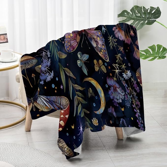 Celestial Witch Garden Throw Blankets Butterfly Moon Flower Fleece Throw Blanket,Dark Botanical Floral Plant Boho Cozy Decor Nap Blankets for Sofa Bed Couch Chair or Dorm Throws 40"x50"