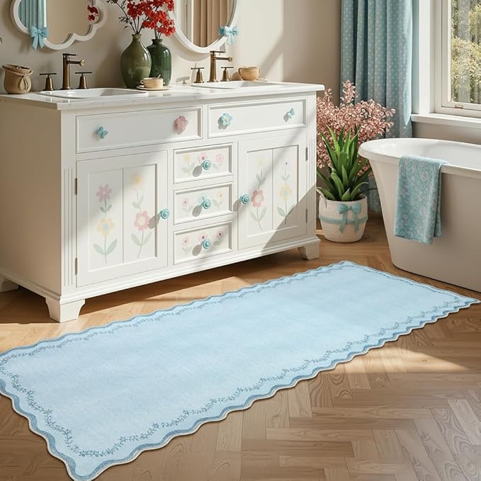 GarveeHome 2x6 Valentines Scalloped Washable Runner Rug for Kitchen, Soft Blue Hallway Runner Non Slip Entryway Rug Farmhouse Thin Laundry Mat Stain Resistant Carpet for Bedroom Bathroom Beside Rug