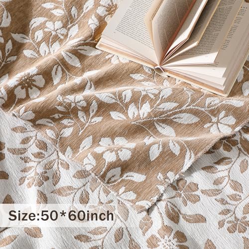 Floral Chenille Throw Blanket 50 x 60'' Farmhouse Vintage Boho Flower Blanket Soft Throw for Couch Bed Sofa Chair Living Room Outdoor Woven Decorative Home Gift(Brown)(Flower,Brown) - color: Brown, style: Flower