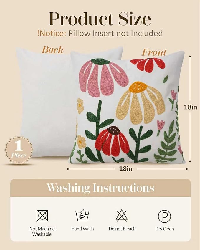 JASEN Embroidered Floral Boho Throw Pillow Cover 18x18 Inch - Decorative Cotton Pillow Case for Couch, Sofa, Bedroom, Living Room - Farmhouse Home Aesthetic Housewarming Gifts (Floral, 18" x 18")