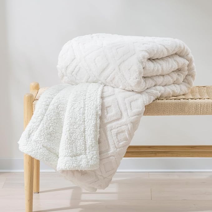 EverGrace Jacquard Boho Sherpa Fleece Throw Blanket for Couch, Super Soft Cozy Fuzzy Plush Blankets for Winter, Reversible Thick Warm Blanket for Bed, Sofa, Living Room, Off White, 60" x 80"