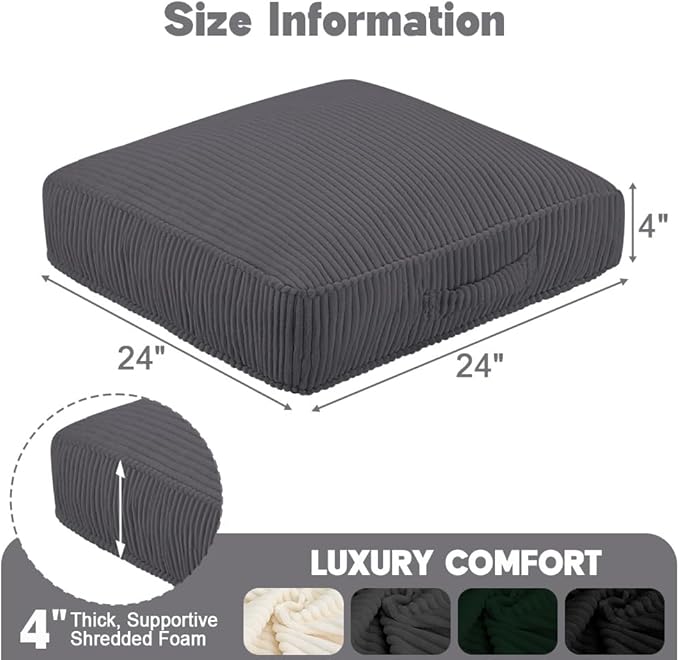 Floor Pillow for Adults Set of 2, 4" Square Floor Cushions with Washable Cover, Large Corduroy Meditation Pillow, 24 inches Tatami Seat with Handle for Living Room or Yoga, Dark Grey