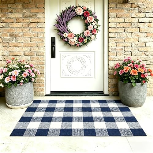 MUBIN Cotton Buffalo Plaid Rug, 27.5x43 Navy Blue White Outdoor Rug Front Door Decorative Mat, Washable Doormat Foldable Area Rug Layered Door Mats Rug for Front Porch, Entryway, Patio - color: Navy Blue White Plaid, size: 2'3" x 3'7" (Rectangular)