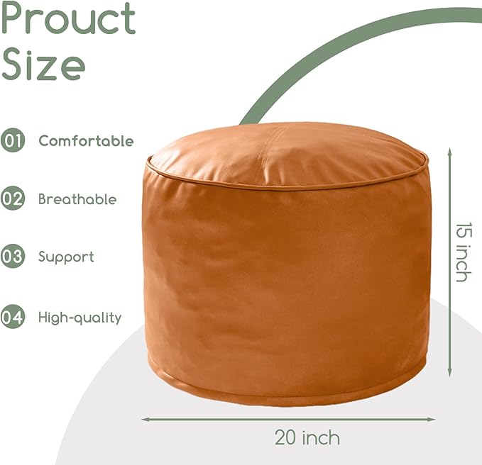 HIGOGOGO Round Stuffed Pouf Ottoman, Pu Leather Poufs with Foam Chunk Filling, Furry and Fluffy Pouf Foot Stool Storage Ottoman, 20 X 15 Floor Poufs Foot Rest for Living Room, Orange