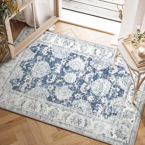 jinchan Fiora Floral 2x3 Rug for Entryway - Vintage Washable Small Non-Slip Distressed Indoor Doormat Ultra-Thin Low-Pile Accent Rug for Entrance Kitchen Bedroom Bathroom (2x3ft, Dark Blue) - color: Distressed Dark Blue, size: 2' x 3' (Light Weight)