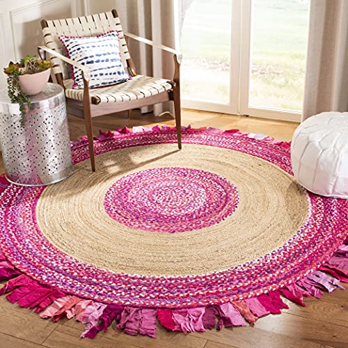 SAFAVIEH Cape Cod Collection 3' Round Pink / Natural CAP701U Handmade Boho Fringe Jute & Cotton Area Rug - color: Pink/Natural, size: 3' (Round)