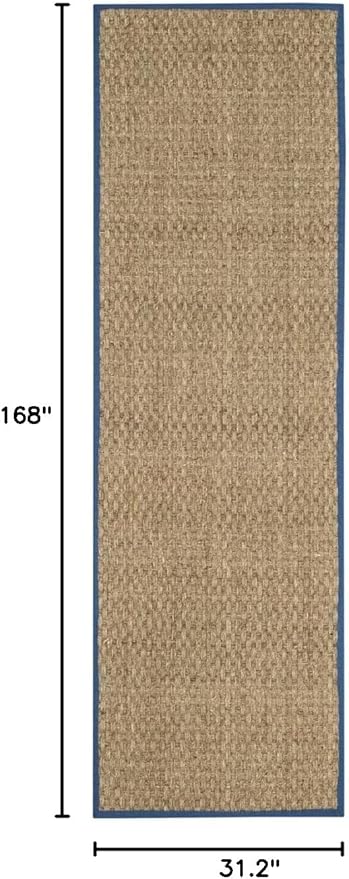 SAFAVIEH Natural Fiber Collection Runner Rug - 2'6" x 14', Natural & Navy, Seagrass, Basketweave Pattern with Border (NF114T)