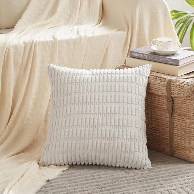 Fancy Homi 4 Packs Pure White Decorative Throw Pillow Covers 22x22 Inch for Living Room Couch Bed, Rustic Modern Farmhouse Boho Home Decor, Soft Plush Corduroy Cute Accent Square Cushion Case 55x55 cm