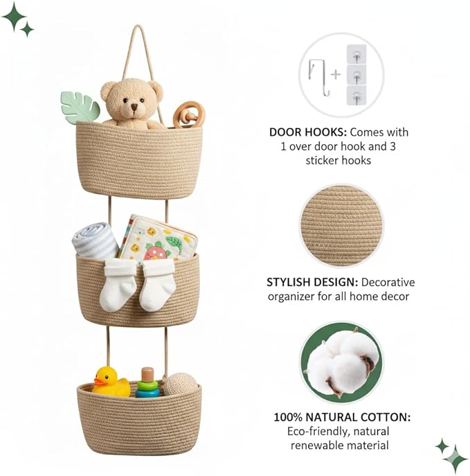 Over the Door Organizer, 3-Tier Hanging Storage Basket with Hooks, Cotton Back of Door Organizer for Living Room, Bedroom, Boho Wall Decor, Toy Storage, Jute