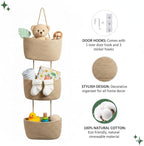 Over the Door Organizer, 3-Tier Hanging Storage Basket with Hooks, Cotton Back of Door Organizer for Living Room, Bedroom, Boho Wall Decor, Toy Storage, Jute