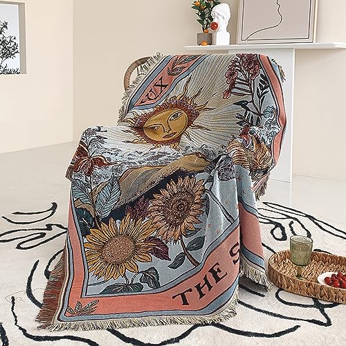 Boho Throw Blanket Reversible Cotton Bohemian Tapestry Hippie Room Decor Double Sided (Boho The Sun 50"x60") - color: Boho the Sun, size: 50*60 inch