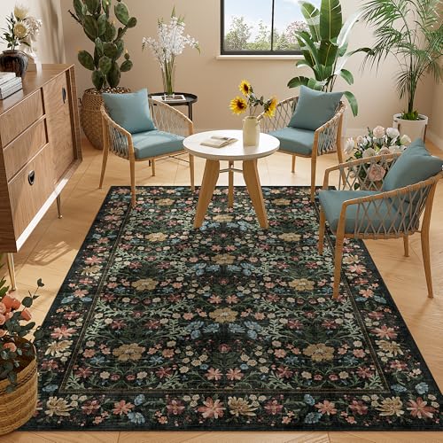 DUKINO 4x6 Rugs for Living Room, Lightweight Non Slip Washable Rug with Low Pile Design, Vintage Floral Non-Shedding Soft Carpet for Living Room, Bedroom, Farmhouse, Office, Bathroom, Black - color: Black, size: 4' x 6' (Rectangular)
