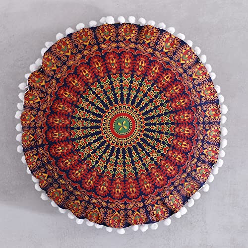 Popular Handicrafts Large Cotton Hippie Floor Pillow Cover - Peacock Decorative Cushion Cover with Pom Poms Soft Particles - Pouf Cover Round Bohemian Yoga Decor Floor Cushion Case- 18" Blue Yellow - color: Blue Yellow, size: 18" x 18" (Pack of 1)