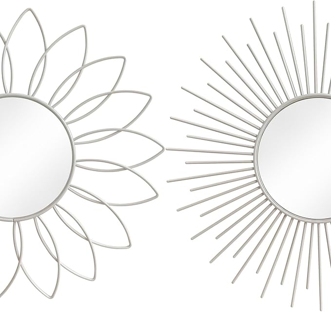 3 Pack Metal Mirrors for Wall Sunburst Wall Mirrors Home Décor Decorative Hanging Wall Art for Living Room Bedroom Entryway (White, Flower+Sunburst)