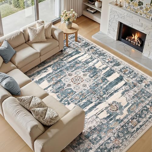 Washable 5x7 Area Rug for Living Room - Ultra Soft Vintage Carpet with Non-Slip Backing, Stain Resistant Low-Pile Indoor Rug for Bedroom & Home Office, Kid & Pet Friendly - Blue - color: Dark Blue, size: 5' x 7' (Rectangular)