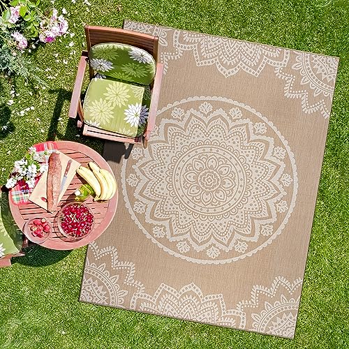 CAMILSON Outdoor Rug 9x12 Modern Area Rugs for Large Indoor and Outdoor Patios and Porches - Waterproof Washable Non-Shedding Easy-to-Clean Outside Carpet (9 x 12, Medallion - Beige/White) - color: Medallion - Beige / White, size: 9' x 12' (Rectangular)