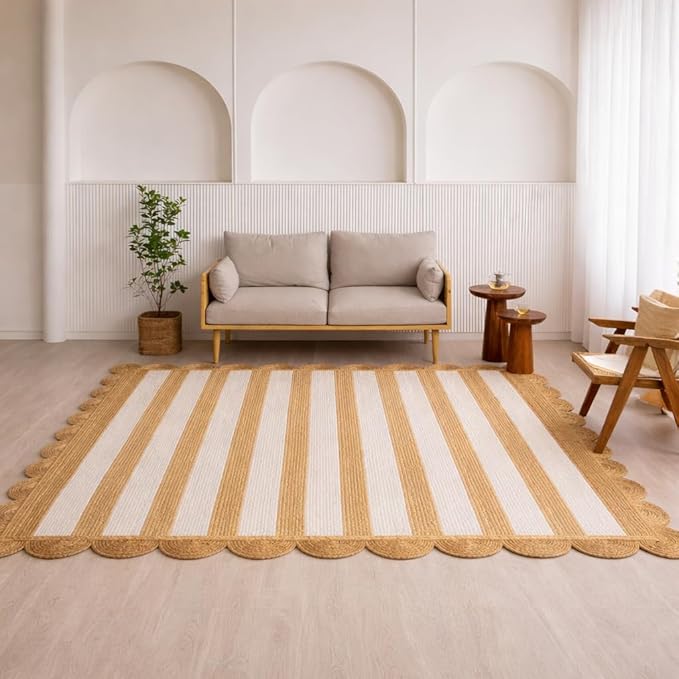 HOMEMONDE Scalloped Jute Area Rug 8'x10' Natural Stripe - Boho Home Décor Farmhouse Style Eco-Friendly Fiber Rug Hand Braided Rustic Vintage for Living Room, Bedroom, Dining Room, Hallway, Kitchen