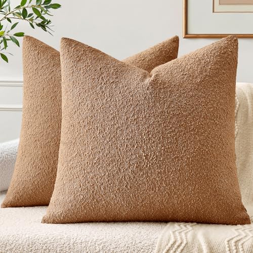 EMEMA Pack of 2, 20 x 20 Inch, Textured Boucle Throw Pillow Covers Cozy Soft Accent Solid Cushion Cases Decorative Brown Pillowcases for Couch Sofa Chair Bedroom Living Room Home Decor - color: Brown, size: 20" x 20" (Pack of 2)