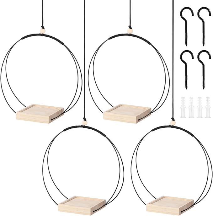 4 PCS Hanging Planters with Wood Base for Indoor Plants, Modern Boho Macrame Plant Hanger for Indoor Outdoor Window Wall Ceiling Home Decoration, with Hooks