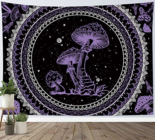 SCECALA Purple Mushroom Mural Boho Mandala Black and White Stars Wall Art 80x60 Inches for Bedroom Living Room Teen Party - color: Purple, size: 60"L x 80"W