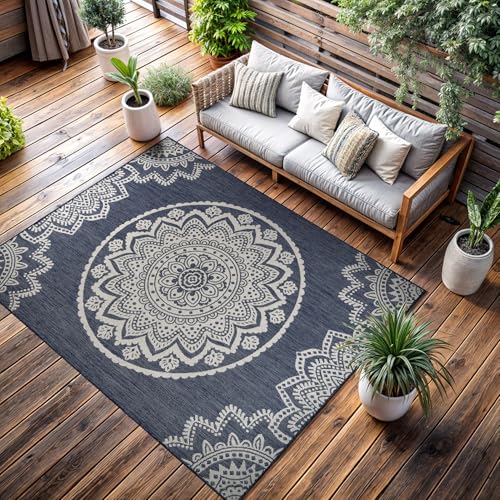 CAMILSON Outdoor Rug 5x7 Modern Area Rugs for Indoor and Outdoor Patios and Porches - Waterproof, Washable, Non-Shedding, Easy-to-Clean Outside Carpet (5 x 7, Medallion - Blue/White) - color: Medallion - Blue / White, size: 5' x 7' (Rectangular)