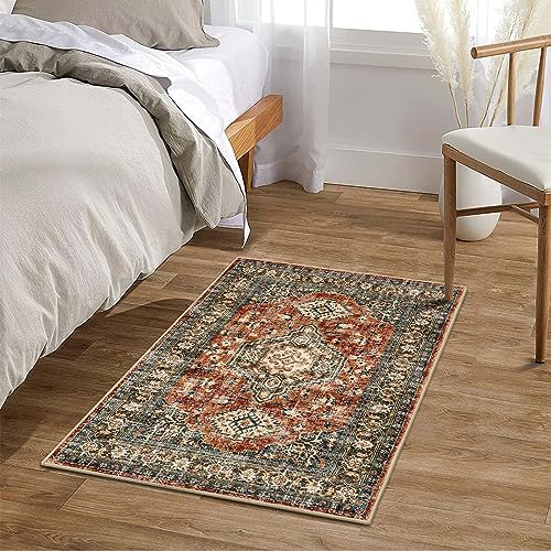 Lahome Oriental Washable Small Area Rug, 2x3 Rugs for Entryway Kitchen, Ultra-Thin Soft Indoor Door Mat Non Slip Throw Carpet for Bedroom Bathroom Eleanor, Brick Red - color: Brick Red, size: 2' x 3' (Rectangular)