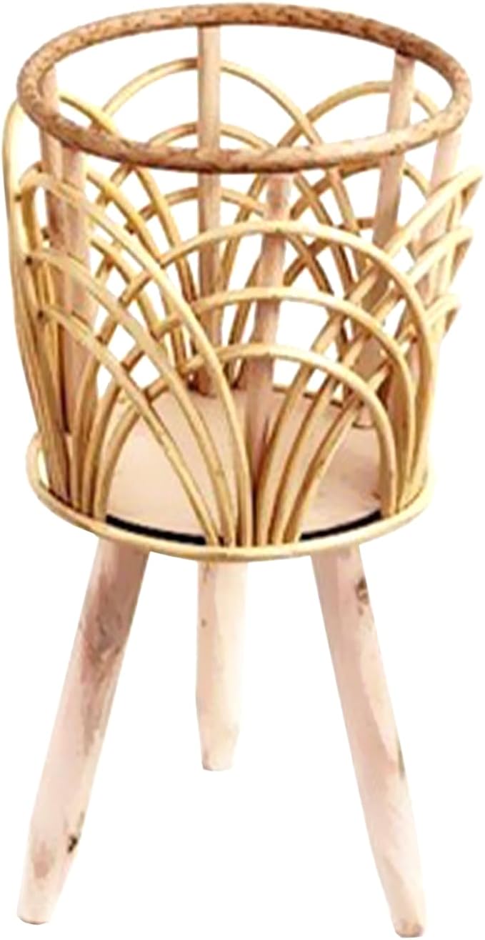 Wnvivi Raised Wooden Planter Stand,Handwoven Boho Flower Pot on Wooden Standing Legs,Tall Floor Plant Display Holder Basket for Living Room Decor(S)