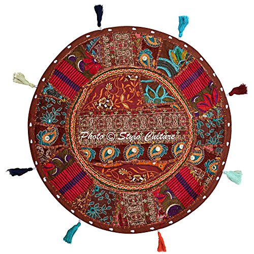 Ethnic Yoga Throw Pillows for Bedroom Vintage Bohemian Patchwork Cushion Cover Dark Brown Round Throw Pillow 18 Small Decorative Seat Pouf Cover Footstool Cotton Embroidered 1 Pc - color: Dark Brown