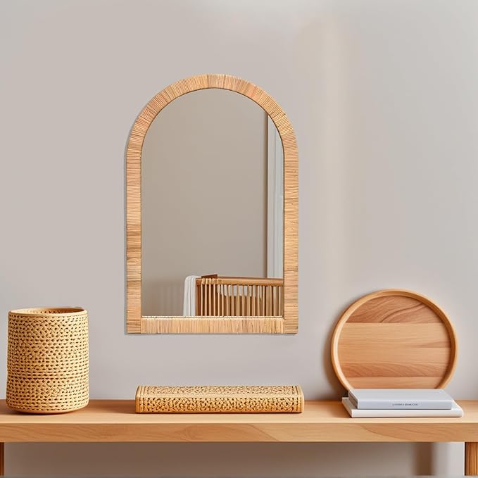 FUIN Boho Rattan Wall Mirror 20×30 Inch Arched Natural Rattan Frame – Farmhouse Bathroom Vanity Mirror – Wicker Decorative Hanging Mirror for Living Room, Bedroom, Entryway