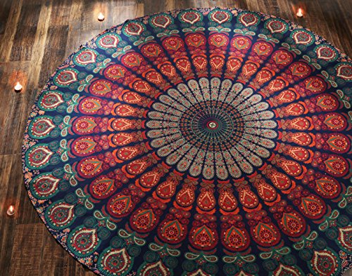 RAJRANG Boho Mandala Roundie Gypsy Hippie Tapestry Decorative Cotton Tablecloth Meditation Yoga Mat - Golden Blue - 72 Inches - color: Golden Blue, size: 72"L x 72"W