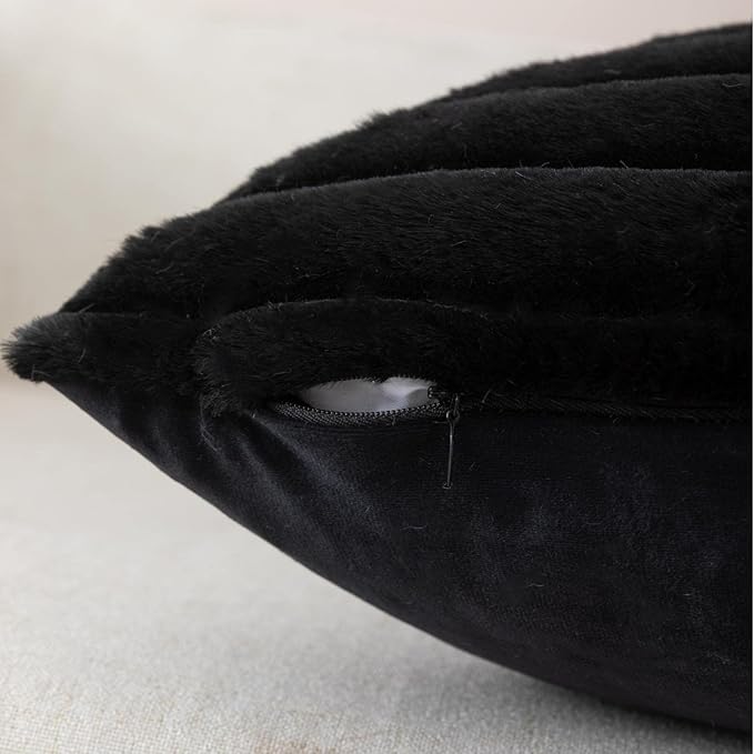 ZLINA Set of 2 Black Faux Fur Decorative Throw Pillow Covers Fluffy Striped Pillowcase Cushion Covers 24 x 24 Inch Decor Sofa Couch Bedroom