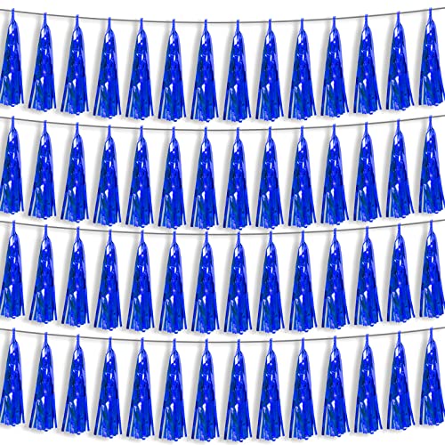 4P Blue Foil Fringe Metallic Tassel Streamers Banner Tassel Garland for Parade Floats, Bachelorette, Wedding, Birthday, Halloween, Christmas, Bridal/Baby Shower Party Decorations - color: Blue