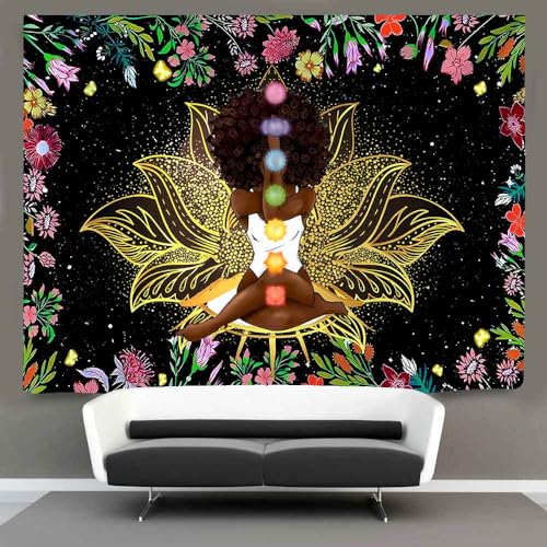 Ine Ive African Chakra Tapestry African American Woman Zen Meditation Tapestries 93x71 Inch Starry Sky Flower Garden Inspirational Afro Yoga Wall Poster for Bedroom Dorm Decor - size: 93"L x 71"W