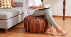 Stuffed Round Design Moroccan Leather Pouf Ottoman, Handmade, Pre-Filled, 100% Genuine Leather, 13” Height x 20” Diameter, Footstool & Living Room Décor (Dark Tan)