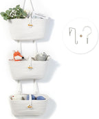 DULLEMELO Hanging Basket with Button Strap 3-Tier Woven Cotton Hanging Wall Baskets for Storage, Boho Wall Decor Hanging Storage Basket with Button Strap, White