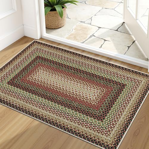 Ileading Faux Braided Indoor Door Mat 2'x3' Washable Farmhouse, No-Shed Non-Slip Woven Carpet, Pet Friendly Stain Resistant Jute Style Rug for Entryway Kitchen Laundry Room - color: Multi Color-red, size: 2' x 3'(Rectangular)