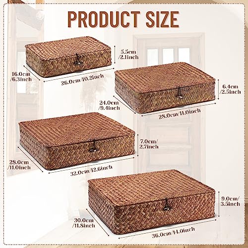 Didaey Set of 4 Seagrass Basket with Lid Wicker Storage Basket Decorative Storage Boxes with Lids Flat Storage Bins Woven Organizer Baskets for Shelf Closet Bedroom, 4 Sizes (Dark Brown) - color: Dark Brown