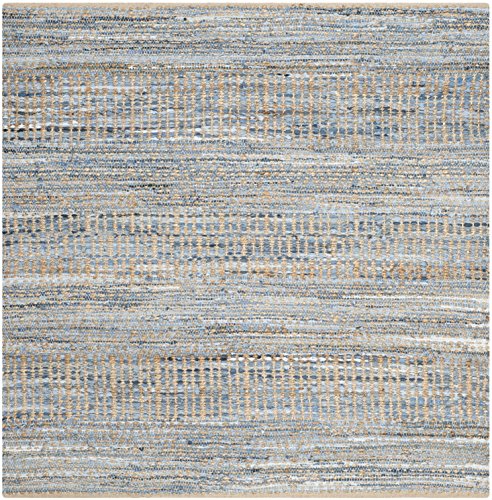 SAFAVIEH Cape Cod Collection Area Rug - 6' Square, Natural & Blue, Handmade Flat Weave Coastal Braided Jute, Ideal for High Traffic Areas in Living Room, Bedroom (CAP353A) - size: 6' x 6' (Square)